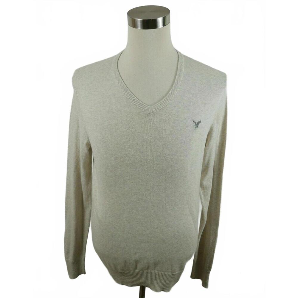 American Eagle Mens Cotton Athletic Fit V Neck Heather Beige Sweater M